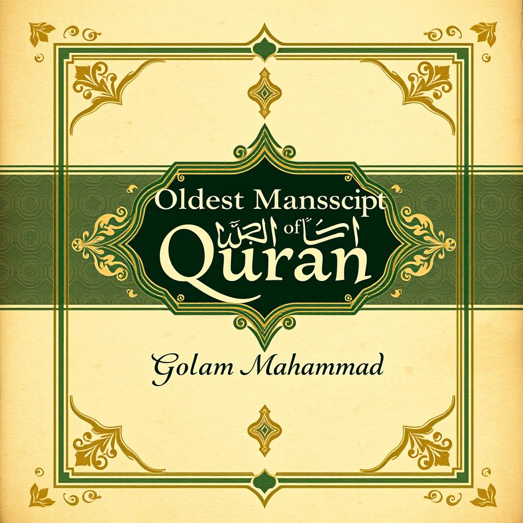 A beautifully detailed and elegant representation of the cover of the book titled 'Oldest Manuscript of Quran' by Golam Mahammad