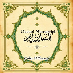 A beautifully detailed and elegant representation of the cover of the book titled 'Oldest Manuscript of Quran' by Golam Mahammad