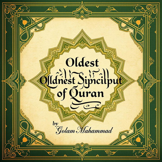 A beautifully detailed and elegant representation of the cover of the book titled 'Oldest Manuscript of Quran' by Golam Mahammad