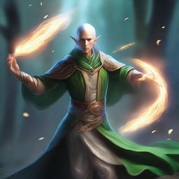 A graceful elven sorcerer displaying a formidable array of magical spells in intense combat.