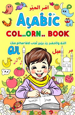A colorful and engaging cover design for a children's coloring and Arabic learning book aimed at elementary school students