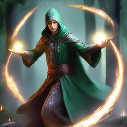 A graceful elven sorcerer displaying a formidable array of magical spells in intense combat.