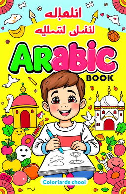 A colorful and engaging cover design for a children's coloring and Arabic learning book aimed at elementary school students