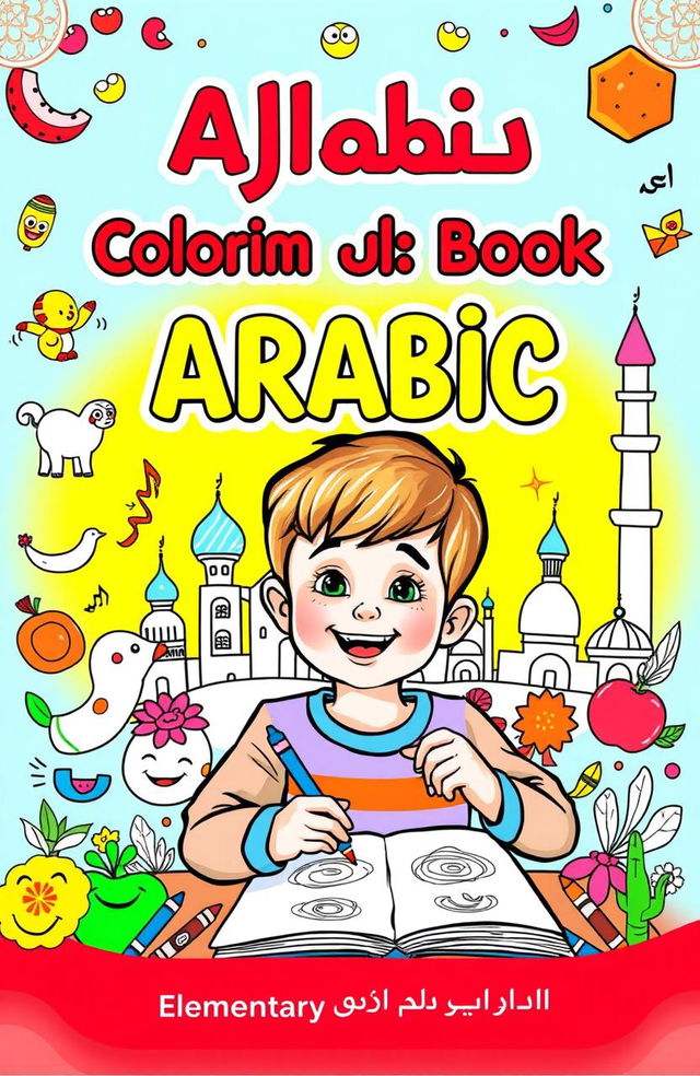 A colorful and engaging cover design for a children's coloring and Arabic learning book aimed at elementary school students