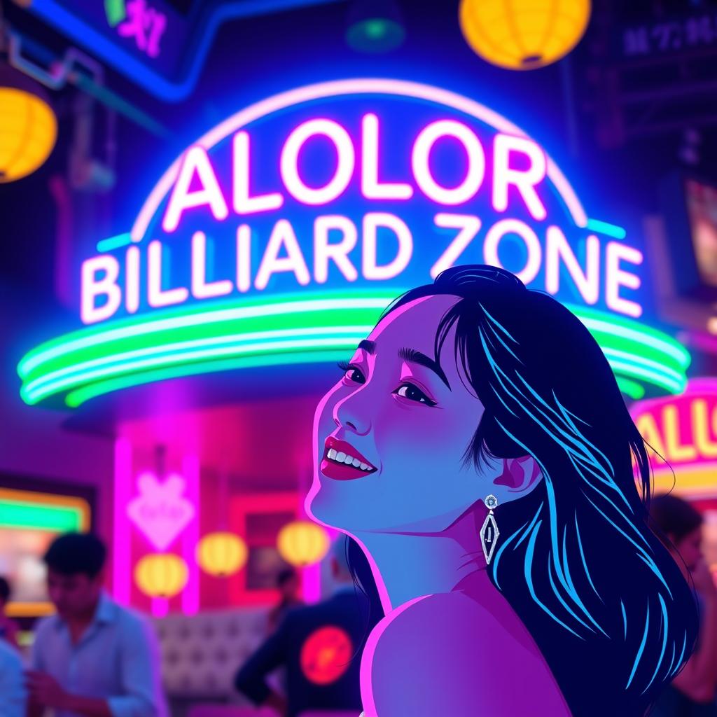 A vibrant neon logo design featuring the ALOLOR BILLIARD ZONE prominently at the top, glowing in bright colors such as electric blue, green, and pink