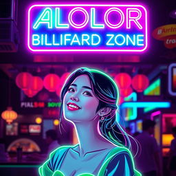 A vibrant neon logo design featuring the ALOLOR BILLIARD ZONE prominently at the top, glowing in bright colors such as electric blue, green, and pink