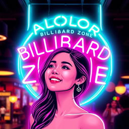 A vibrant neon logo design featuring the ALOLOR BILLIARD ZONE prominently at the top, glowing in bright colors such as electric blue, green, and pink