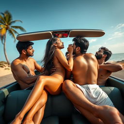 An erotic scene featuring a stunning Indian woman with long legs, fully naked, enjoying a vibrant sexual encounter with several handsome Indian men inside a convertible car during a road trip in the picturesque setting of Goa