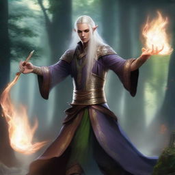 A graceful elven sorcerer displaying a formidable array of magical spells in intense combat.