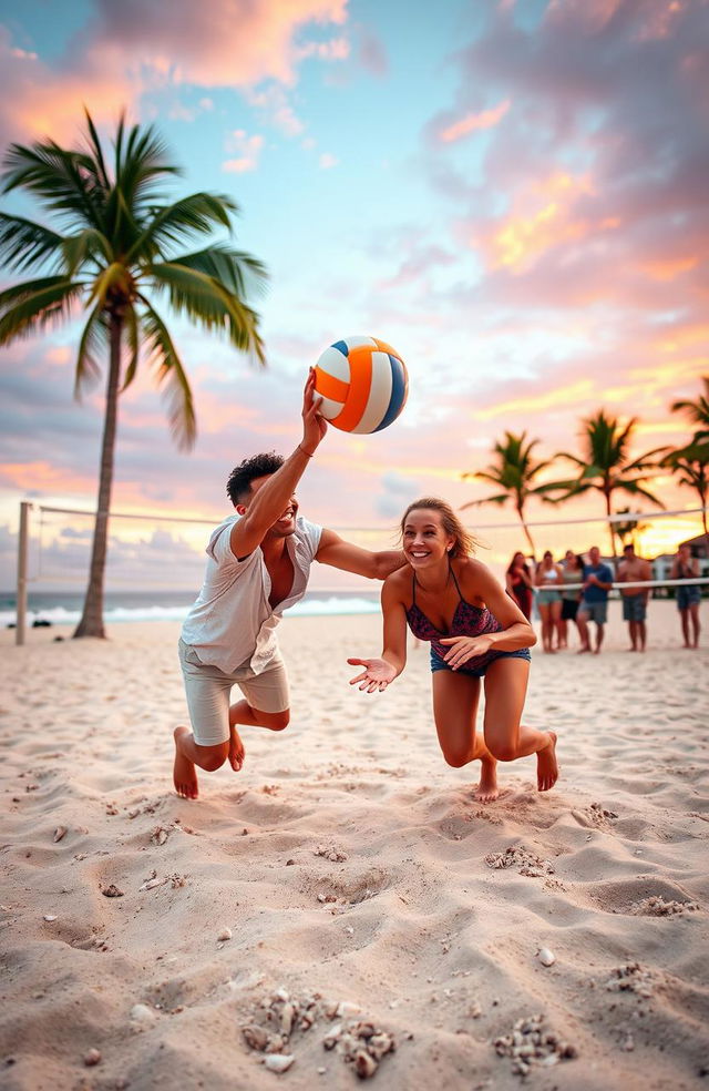 A romantic scene set on a beach volleyball court at sunset