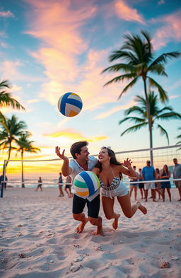 A romantic scene set on a beach volleyball court at sunset