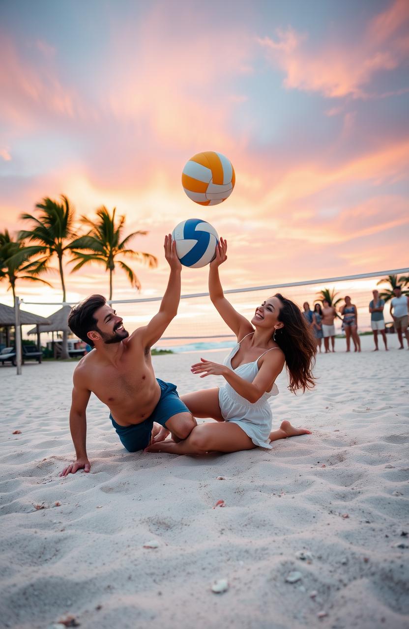 A romantic scene set on a beach volleyball court at sunset