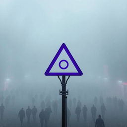 A dystopian city enveloped in thick fog, with clusters of people wearing striking red earrings walking through the mist