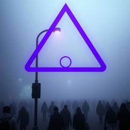 A dystopian city enveloped in thick fog, with clusters of people wearing striking red earrings walking through the mist