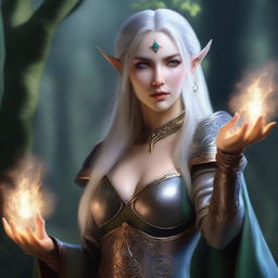 A captivating female elven sorcerer engaged in battle, casting entrancing spells with effortless elegance.