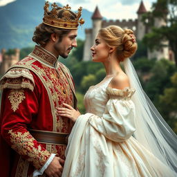 A beautifully romantic scene set in medieval times, featuring a highly attractive prince and princess