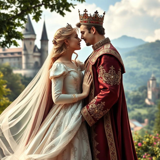 A beautifully romantic scene set in medieval times, featuring a highly attractive prince and princess