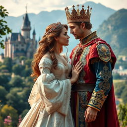 A beautifully romantic scene set in medieval times, featuring a highly attractive prince and princess