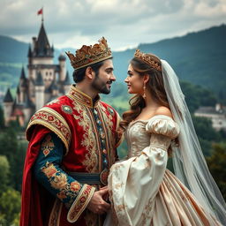 A beautifully romantic scene set in medieval times, featuring a highly attractive prince and princess
