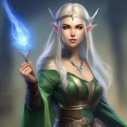 A captivating female elven sorcerer engaged in battle, casting entrancing spells with effortless elegance.