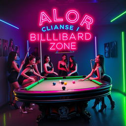 A captivating neon logo design featuring the ALOLOR BILLIARD ZONE prominently at the top, glowing in bright and vibrant colors like electric blue, pink, and green