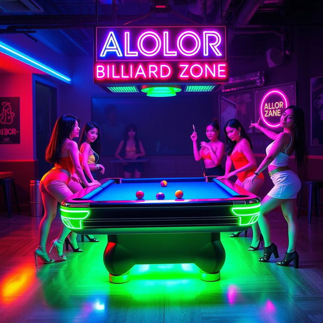 A captivating neon logo design featuring the ALOLOR BILLIARD ZONE prominently at the top, glowing in bright and vibrant colors like electric blue, pink, and green