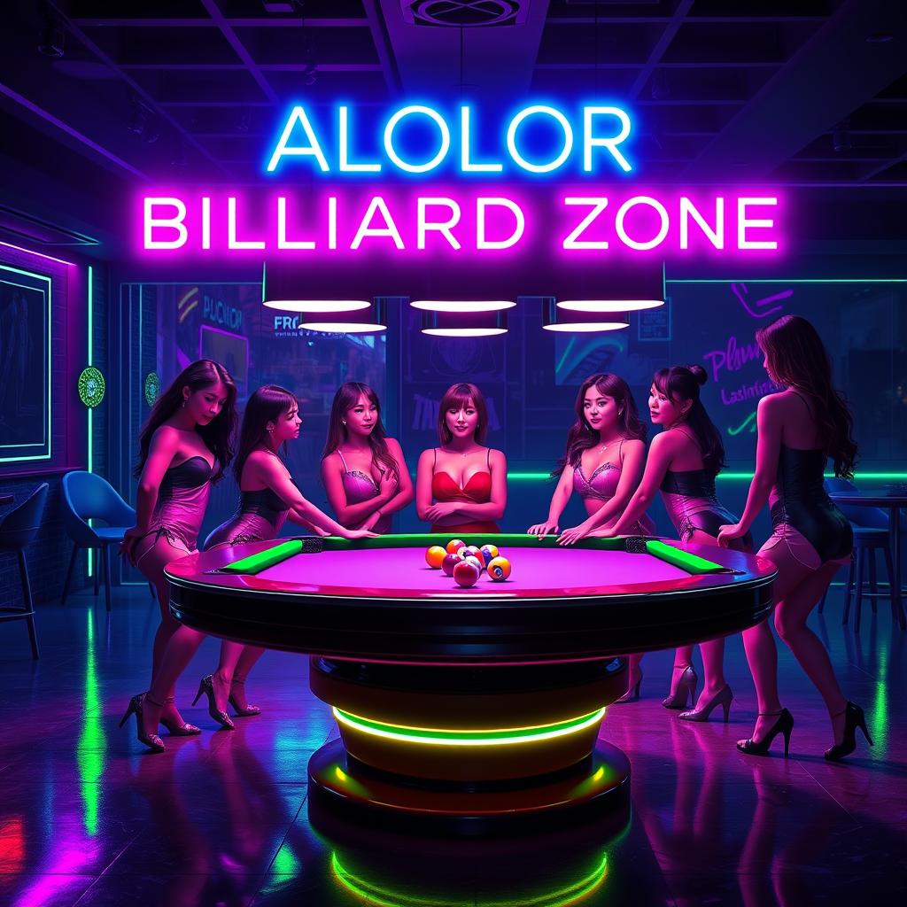 A captivating neon logo design featuring the ALOLOR BILLIARD ZONE prominently at the top, glowing in bright and vibrant colors like electric blue, pink, and green