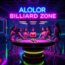 A captivating neon logo design featuring the ALOLOR BILLIARD ZONE prominently at the top, glowing in bright and vibrant colors like electric blue, pink, and green