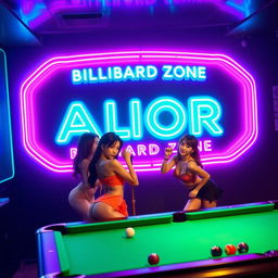 A captivating neon logo design featuring the ALOLOR BILLIARD ZONE prominently at the top, glowing in bright and vibrant colors like electric blue, pink, and green