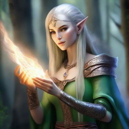 A captivating female elven sorcerer engaged in battle, casting entrancing spells with effortless elegance.