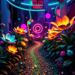 A visually striking and mysterious garden filled with vibrant, glitchy colors and digital artifacts resembling a digital landscape