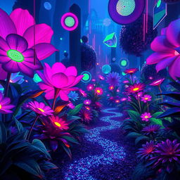 A visually striking and mysterious garden filled with vibrant, glitchy colors and digital artifacts resembling a digital landscape