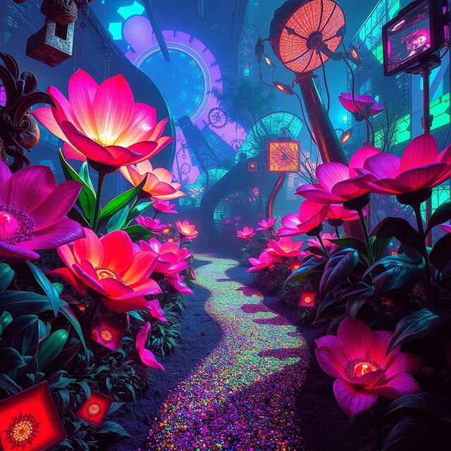 A visually striking and mysterious garden filled with vibrant, glitchy colors and digital artifacts resembling a digital landscape