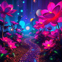 A visually striking and mysterious garden filled with vibrant, glitchy colors and digital artifacts resembling a digital landscape