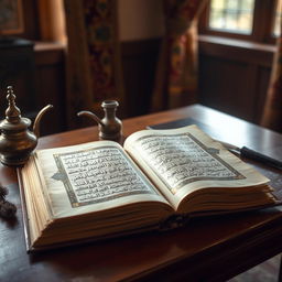 A wooden table in a warmly lit room, featuring an ancient book titled "The Oldest Manuscript of Quran" by Golam Mahammad, resting open to reveal beautifully ornate Arabic calligraphy decorated with intricate gold leaf details on the pages