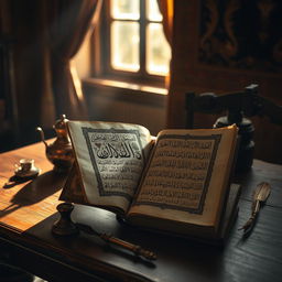 A wooden table in a warmly lit room, featuring an ancient book titled "The Oldest Manuscript of Quran" by Golam Mahammad, resting open to reveal beautifully ornate Arabic calligraphy decorated with intricate gold leaf details on the pages