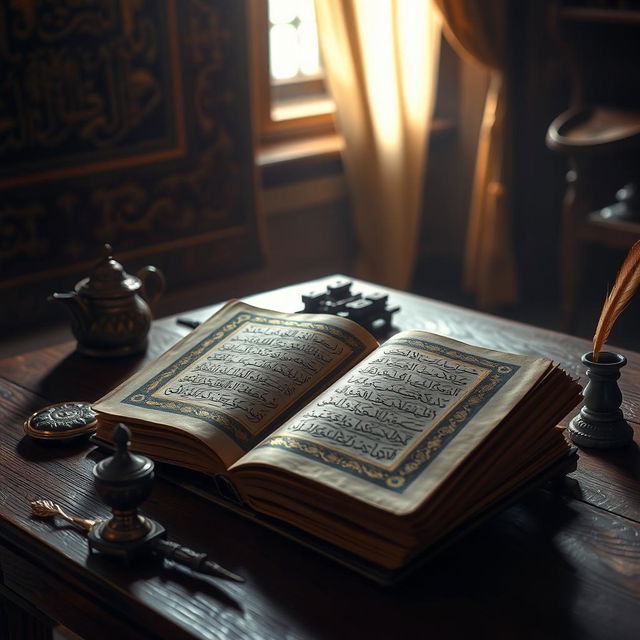 A wooden table in a warmly lit room, featuring an ancient book titled "The Oldest Manuscript of Quran" by Golam Mahammad, resting open to reveal beautifully ornate Arabic calligraphy decorated with intricate gold leaf details on the pages