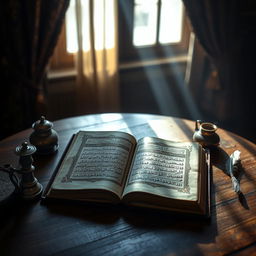 A wooden table in a warmly lit room, featuring an ancient book titled "The Oldest Manuscript of Quran" by Golam Mahammad, resting open to reveal beautifully ornate Arabic calligraphy decorated with intricate gold leaf details on the pages