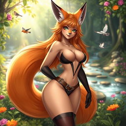 A stunning fox girl with vibrant orange fur and striking green eyes, wearing a stylish and flirtatious outfit that highlights her curves