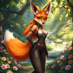 A stunning fox girl with vibrant orange fur and striking green eyes, wearing a stylish and flirtatious outfit that highlights her curves