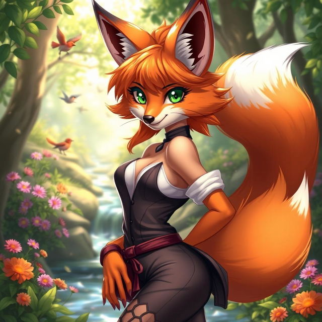 A stunning fox girl with vibrant orange fur and striking green eyes, wearing a stylish and flirtatious outfit that highlights her curves