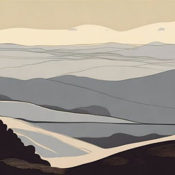 Rocky hills with a faintly foggy plain in the distance, viewed from a hillside, all rendered in a style similar to vector graphics