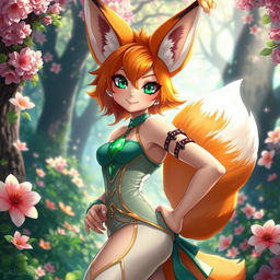A captivating fox girl with glossy orange fur and mesmerizing emerald eyes, wearing an alluring and fashionable outfit that showcases her figure