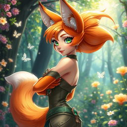 A captivating fox girl with glossy orange fur and mesmerizing emerald eyes, wearing an alluring and fashionable outfit that showcases her figure