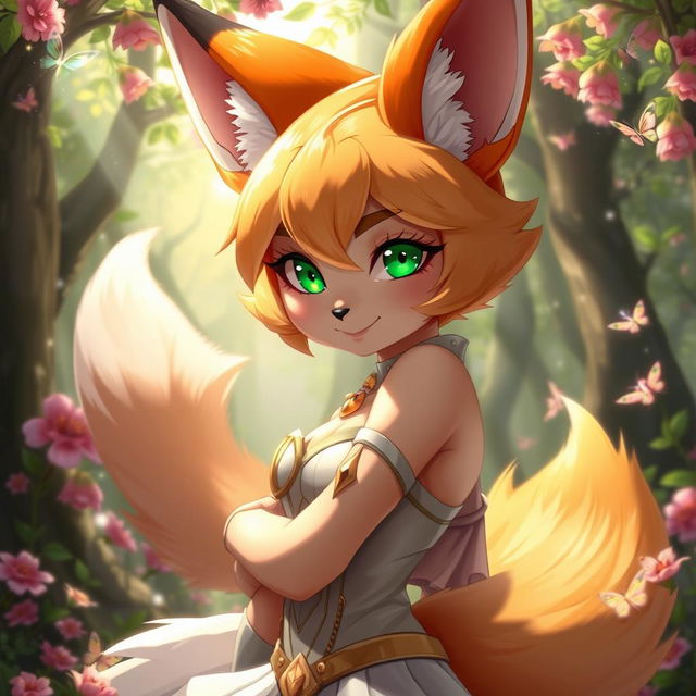 A captivating fox girl with glossy orange fur and mesmerizing emerald eyes, wearing an alluring and fashionable outfit that showcases her figure