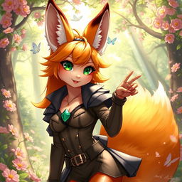 A captivating fox girl with glossy orange fur and mesmerizing emerald eyes, wearing an alluring and fashionable outfit that showcases her figure