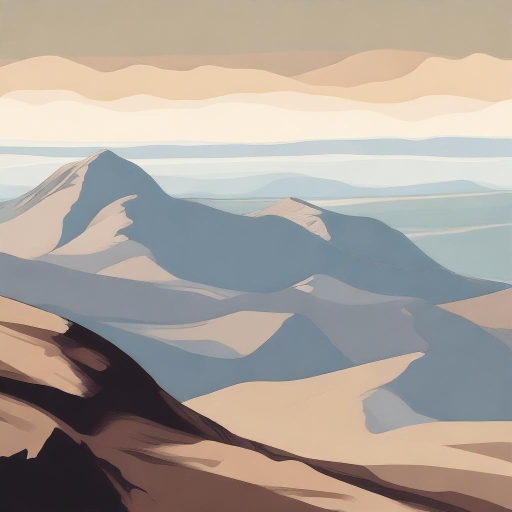 Rocky hills with a faintly foggy plain in the distance, viewed from a hillside, all rendered in a style similar to vector graphics