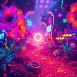 A visually striking and mysterious garden filled with vibrant, glitchy colors and digital artifacts resembling a digital landscape