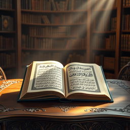 A beautifully designed book on a wooden table, open to the title page featuring elegant calligraphy