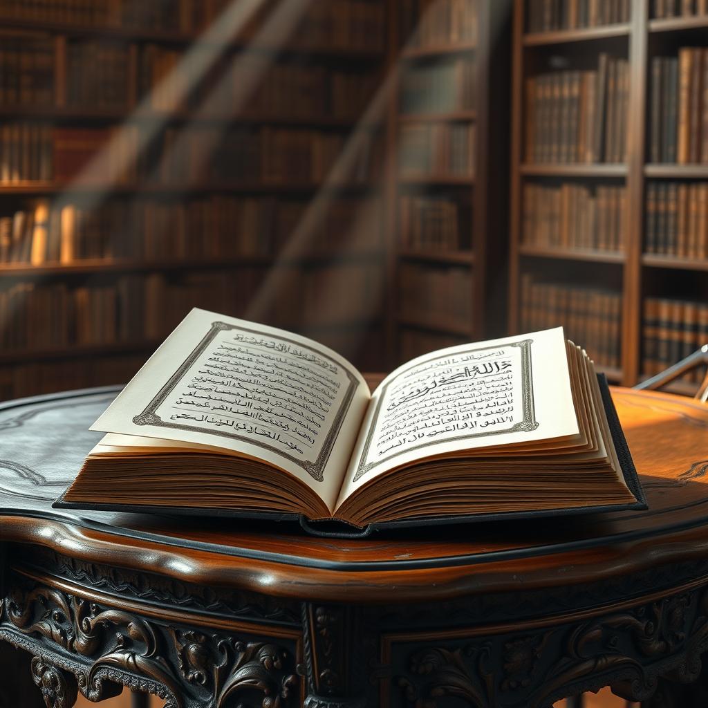 A beautifully designed book on a wooden table, open to the title page featuring elegant calligraphy